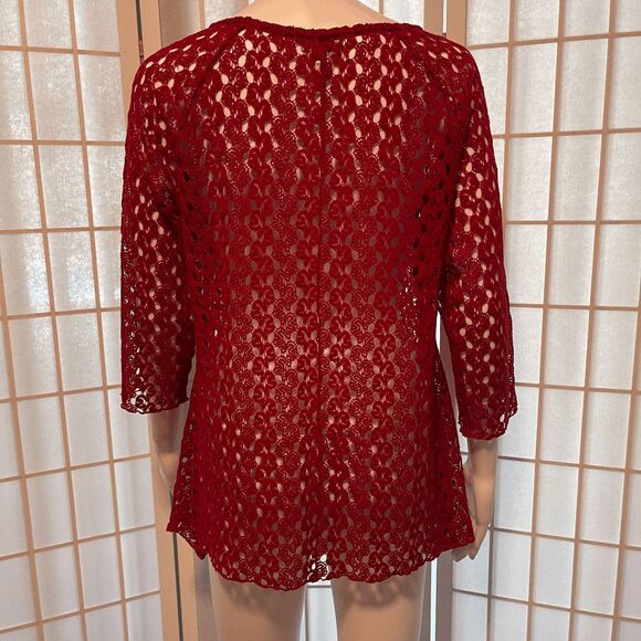 CHICO'S Women's‎ open knit crocheted 3/4 sleeve asymmetrical hem top, Size 1 (M, - Picture 4 of 6